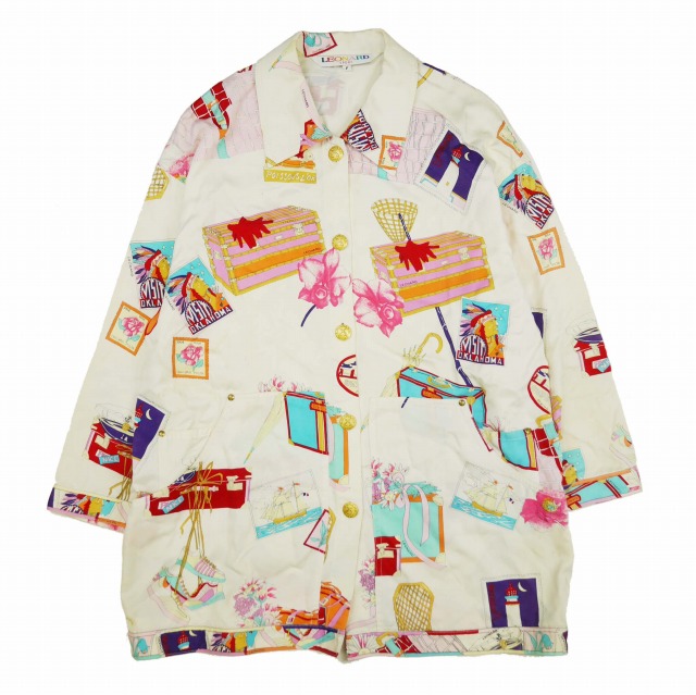 【中古】ヴィンテージ レオナールスポーツ シャツジャケット オーバーサイズ 金ボタン トランク 切手 総柄/EK1の通販は