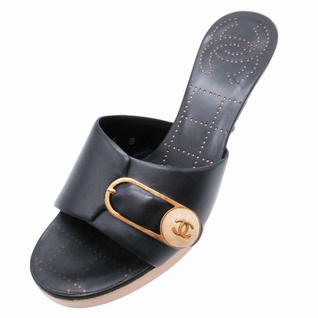 【中古】美品 シャネル CHANEL ココマーク ウッドボタン サンダル ミュール 8cmヒール シューズ 靴 36/23.0cm 黒
