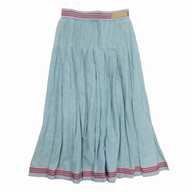 【中古】グッチ GUCCI ソフトデニム ロング プリーツスカート ロゴ ライン マキシ丈 40 ライトインディゴ 599360 中古】グッチ GUCCI ソフトデニム ロング プリーツスカート ロゴ