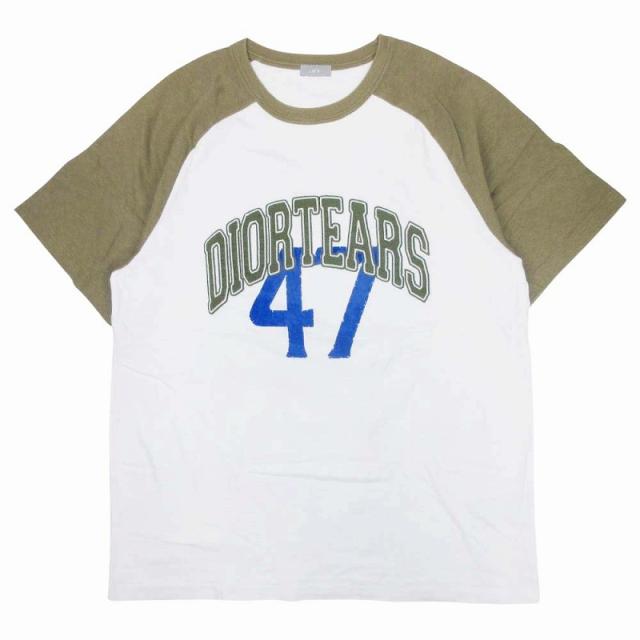 【中古】美品 23AW ディオール オム × デニムティアーズ カレッジロゴ 刺繍 Tシャツ カットソー 半袖 XXL カーキ