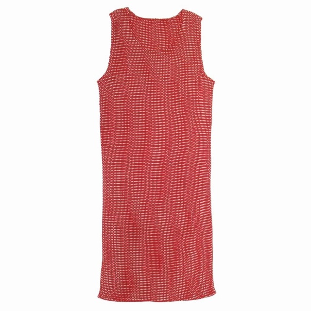 【中古】96ss vintage イッセイミヤケ ボックスプリーツ加工 ドット ワンピース ノースリーブ ドレス 膝丈 M 赤 白