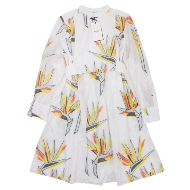 【中古】未使用品 16ss フェンディ FENDI シルク混 バードオブパラダイス ドレス ワンピース 長袖 膝丈 38 ◇11