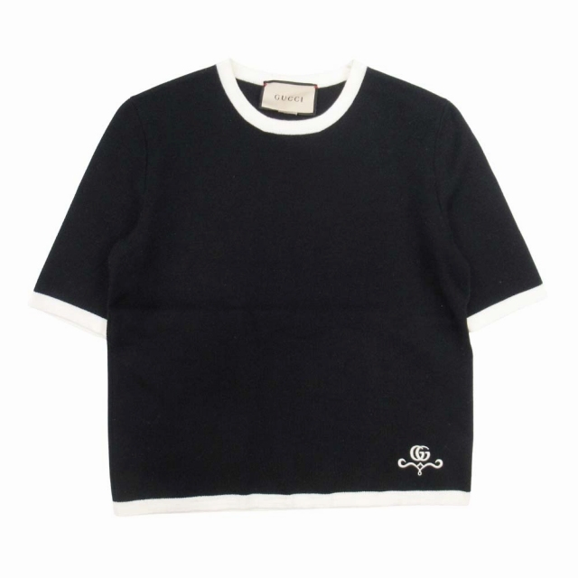 【中古】23aw グッチ GUCCI GGロゴ 刺繍 ショートスリーブ ウールニット トップス 半袖 ハイゲージ S 黒