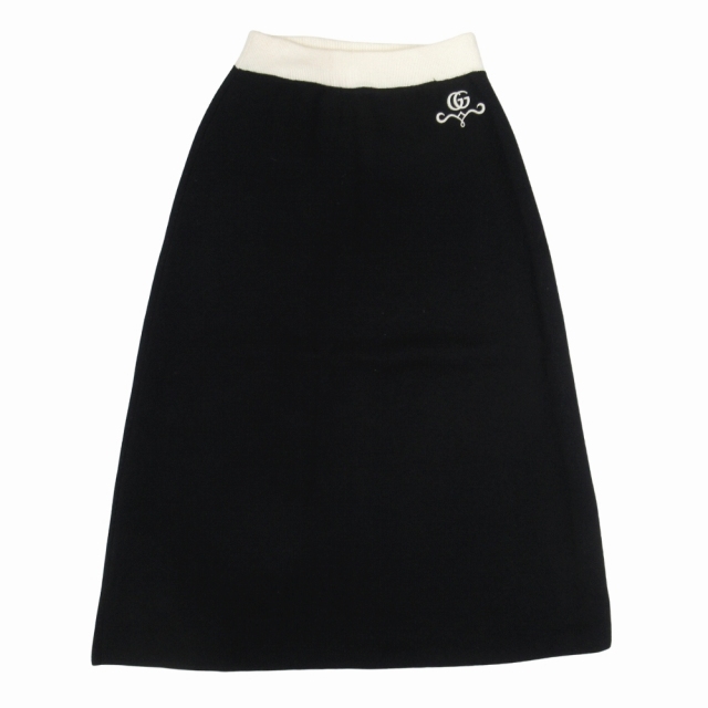 【中古】23aw グッチ GUCCI GGロゴ 刺繍 ウールニット ミモレスカート ハイゲージ フレアシルエット 膝下丈 S 黒