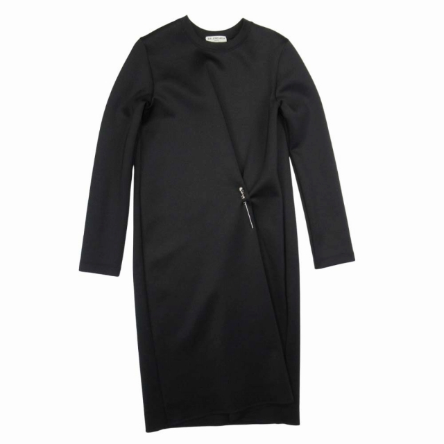 【中古】美品 バレンシアガ BALENCIAGA タックデザイン ストレッチ生地 ワンピース ドレス 長袖 S 黒 ブラック