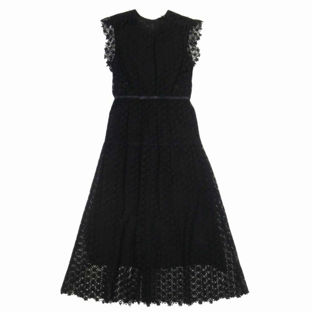 【中古】美品 ジャンバティスタヴァリフラワーモチーフ ケミカルレース ドレス ロングワンピース ラッフル 40 黒