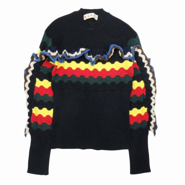 【中古】美品 17aw マルニ MARNI マルチボーダー フリル ニット クルーネック 長袖 セーター カットソー トップス 38