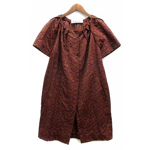 【中古】マルニ MARNI ノーカラー コート ワンピース 半袖 総柄 ナイロン グログラン ジャガード ブラウン 茶 38 レディース
