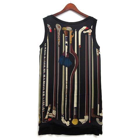 【中古】エルメス HERMES ステッキ les Cannes シルク カシミヤ ニット ワンピース チュニック ノースリーブ ブラック 黒 36 レディース