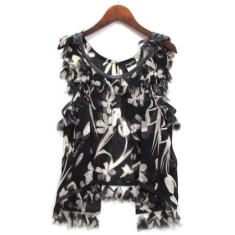 中古】シャネル CHANEL シルク シフォン レザートリム ブラウス 