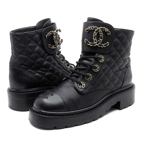 【中古】シャネル CHANEL マトラッセ チェーン ココマーク ショートブーツ レザー G36424 ブラック 黒 35C 約22cm レディース