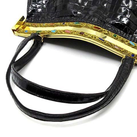 【中古】ハマノ HAMANO クロコダイル がま口 ハンドバッグ 天然石 カラーストーン付き ワニ革 ブラック ゴールド金具  レディース 中古】ハマノ HAMANO クロコダイル がま口 ハンドバッグ 天然石 カラー