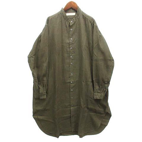 【中古】スズキ タカユキ suzuki takayuki バンドカラー リネン ロング シャツ ワンピース Long Shirts 長袖 オリーブ 1 レディース