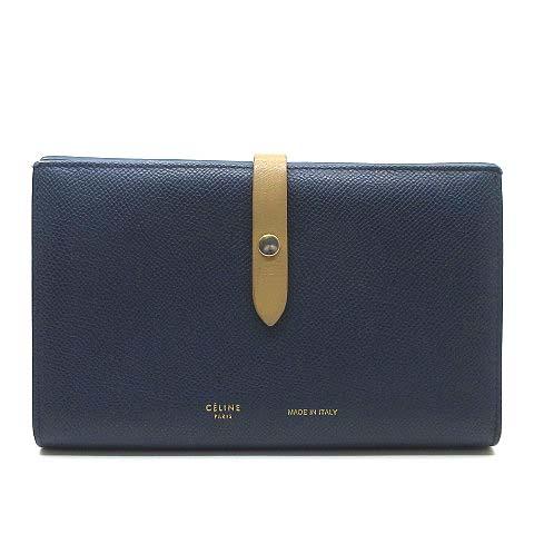 【中古】セリーヌ CELINE ストラップ ラージ マルチファンクション 二つ折り 長財布 104873 ネイビー ベージュ レディース