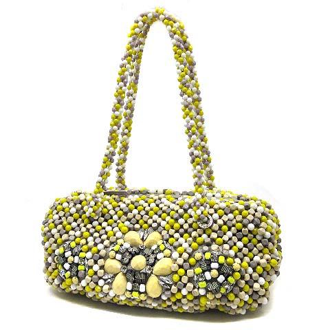 【中古】アンテプリマ ANTEPRIMA ドラム ハンドバッグ ウッドビーズ チュール ビジュー アニマル イエロー