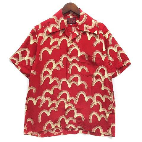 【中古】エヴィス EVISU 総柄 カモメ アロハシャツ 半袖 オープンカラー レーヨン レッド 赤 38 新品同様 メンズ