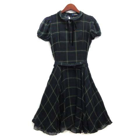 【中古】ポロ ラルフローレン POLO RALPH LAUREN シルク シフォン タータンチェック ミニ ワンピース 半袖 ネイビー グリーン 紺 緑 0