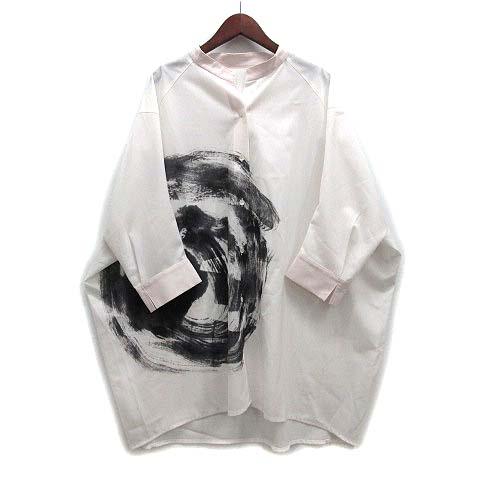 【中古】ヒロココシノ HIROKO KOSHINO 墨絵 ラウンドフォルム シャツ 七分袖 立体カッティング オフホワイト 38 RHBGT30690 レディース