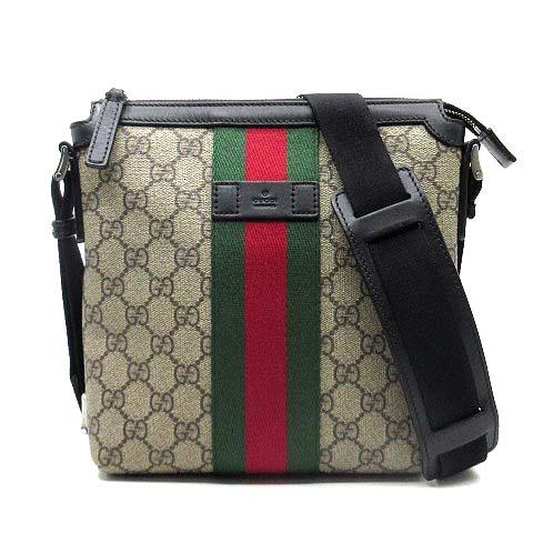 【中古】グッチ GUCCI GGスプリーム ショルダーバッグ 斜め掛け シェリーライン ウェブストライプ PVC レザー ベージュ ブラック 471454