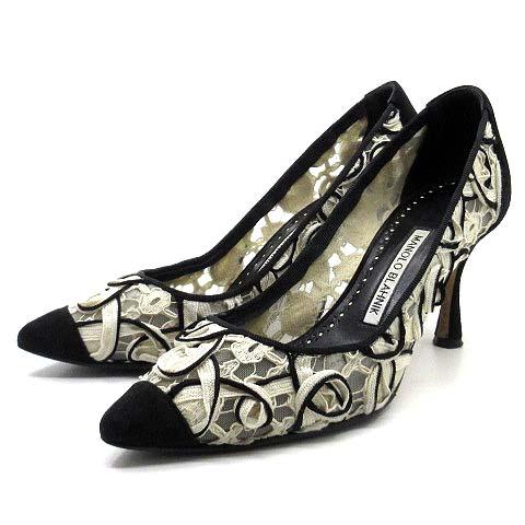【中古】マノロブラニク MANOLO BLAHNIK ヴミ VUMI ポインテッド レース パンプス ピンヒール オフホワイト ブラック 37 約23.5〜24cm