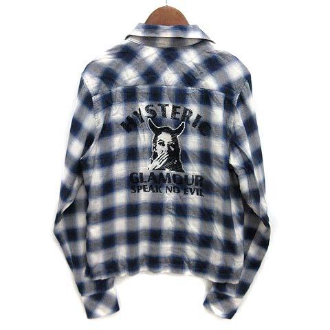 【中古】ヒステリックグラマー HYSTERIC GLAMOUR SPEAK NO EVIL 刺繍 オープンカラー チェック シャツ 長袖 ブルー F 01233AH04