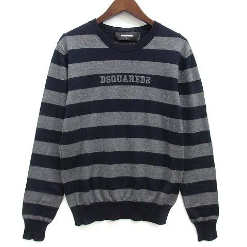【中古】ディースクエアード DSQUARED2 ボーダー ロゴ ウール ニット セーター 長袖 2020AW グレー ネイビー 紺 S S74HA1118 メンズ
