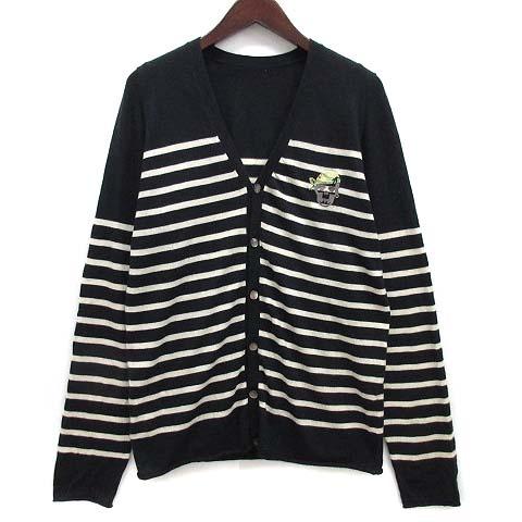 【中古】ルシアンペラフィネ LUCIEN PELLAT-FINET カシミヤ100％ ニット ボーダー カーディガン スカル刺繍 ネイビー ホワイト M メンズ