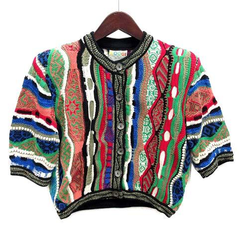 【中古】クージー COOGI コットン 3D ニット 5分袖 クロップド カーディガン 総柄 マルチカラー M オーストラリア製 レディース
