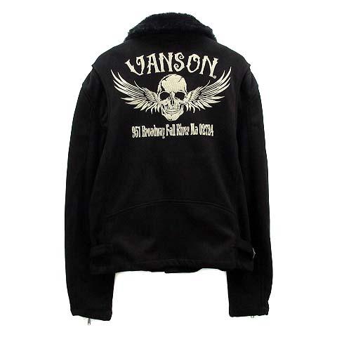 【中古】バンソン VANSON フライングスカル 刺繍 フェイクスエード ボンディング ダブルライダース ジャケット NVSZ-804 ブラック 黒 L