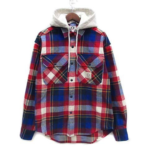 【中古】エーエイプ アベイシングエイプ AAPE NOW フーデッド ヘビーネルシャツ ジャケット moonface check hooded shirt jacket M 美品