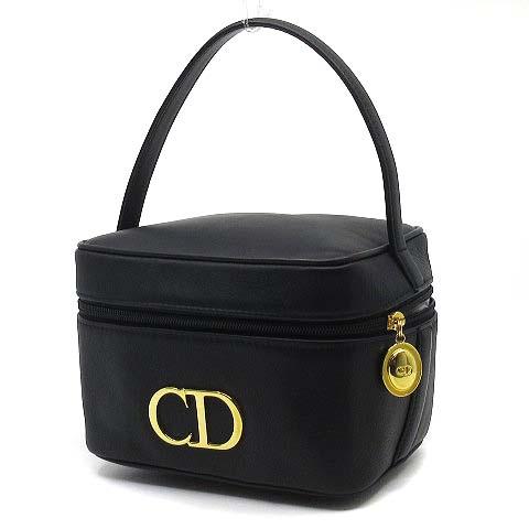 【中古】クリスチャンディオール Christian Dior CDロゴ レザー バニティ ハンドバッグ ブラック 黒 ☆AA★