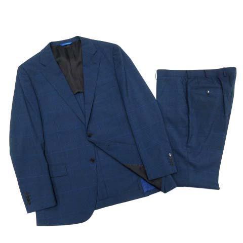 【中古】トランスコンチネンツ TRANS CONTINENTS SOLOTEX スーツ セットアップ グレンチェック 2B ジャケット パンツ ネイビー 100 AB7
