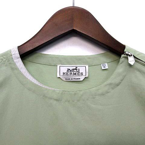【中古】エルメス HERMES レイヤー風 ショルダージップ シャツ 半袖 ポケット カットソー プルオーバー 2021SS ライトグリーン 39 美品_2
