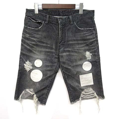 【中古】ナンバーナイン NUMBER (N)INE GIVE期 ハート涙 PAIN ワッペン デニム ショーツ ハーフパンツ 黒 ブラック 3 メンズ
