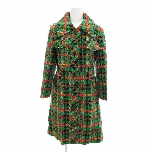 【中古】ベルヴォーグ BELLE Vogue ステンカラーコート 総柄 ツイード ウール ロング丈 緑 グリーン /HO ■GY99