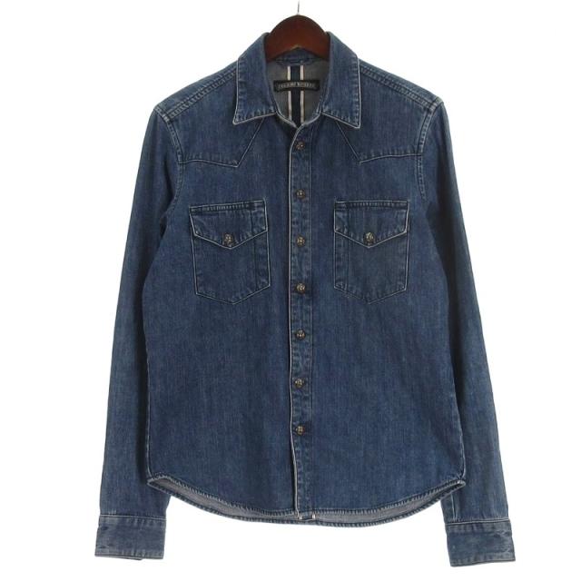 【中古】クロムハーツ デニム ウエスタンシャツ 長袖 袖クロスパッチ クロスボールボタン USA製 インディゴ S M ☆AA★