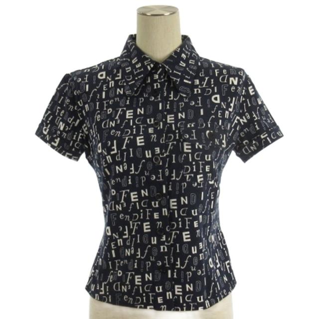 【中古】フェンディ FENDI ロゴ シャツ 半袖 総柄 ネイビー 40 ☆AA★ レディース