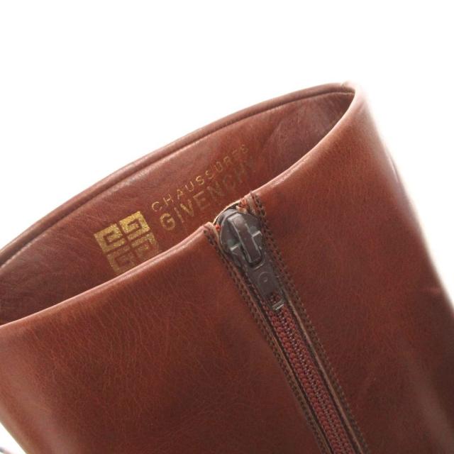 【中古】ジバンシィ GIVENCHY ロングブーツ チャンキーヒール サイドジップ レザー ロゴ 6.5 茶 ブラウン_6