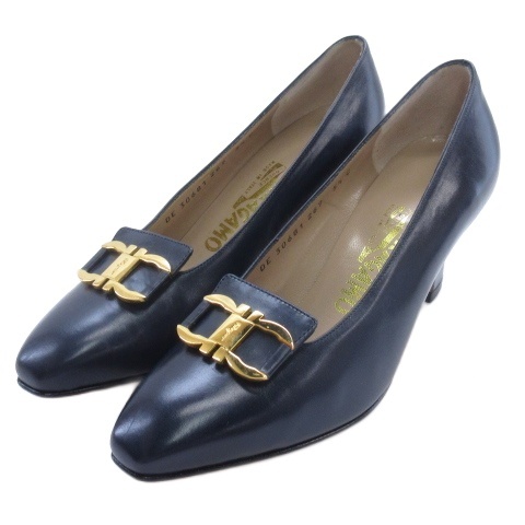 【中古】サルヴァトーレフェラガモ Salvatore Ferragamo ガンチーニ パンプス スクエアトゥ ネイビー 5.5 ■GY62