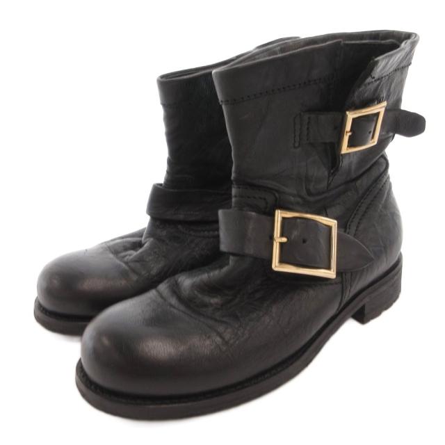 【中古】ジミーチュウ JIMMY CHOO ショートブーツ ベルトデザイン レザー ロゴ 金具 35.5 黒 ブラック /FF ■GY62