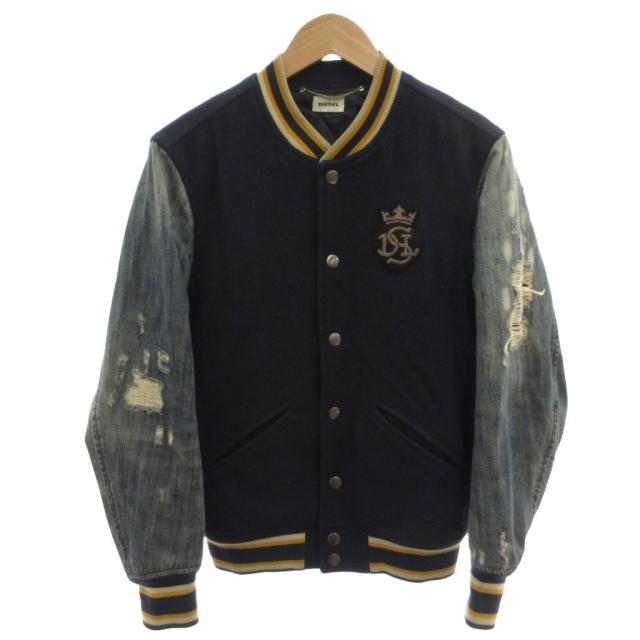 【中古】ディーゼル DIESEL スタジャン ジャケット ブルゾン デニム切替 ダメージ加工 XS 紺 ネイビー