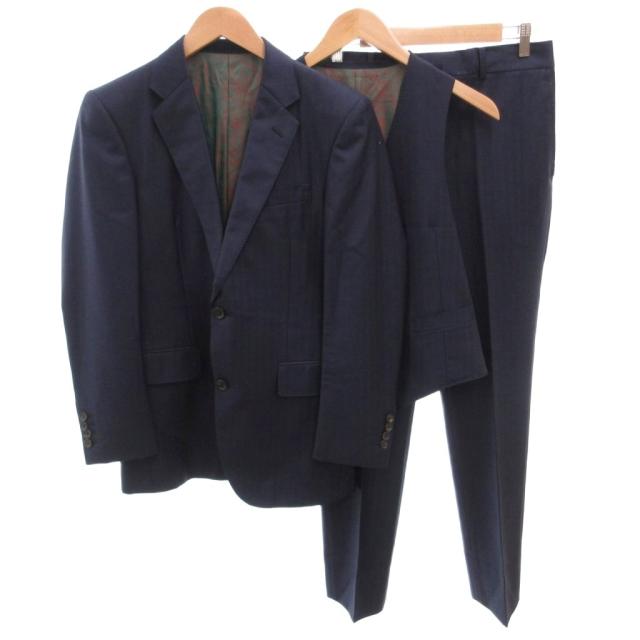【中古】RICHIESTA DORMEUIL 3P スーツ セットアップ ジャケット パンツ ベスト シャドーストライプ ウール 5 紺