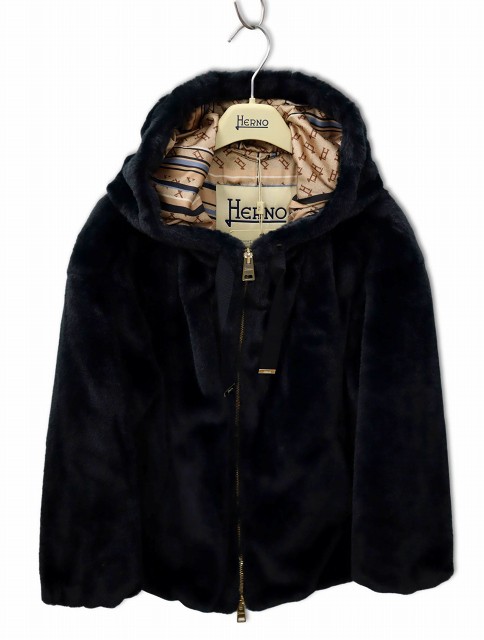 【中古】未使用品 ヘルノ HERNO ECO FUR JACKET エコファー ジップ フーデッド ジャケット 40(M) BLACK(ブラック)