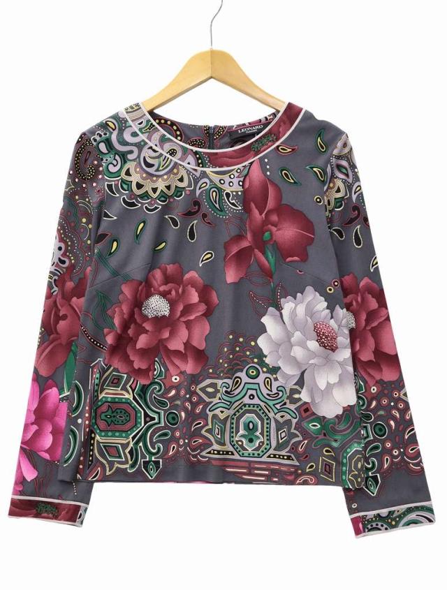 【中古】レオナール LEONARD クルーネック 長袖 フラワー ペイズリー柄 シャツ ブラウス 42 GRAY(グレー) 春秋