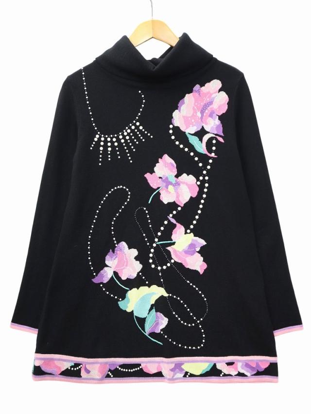 【中古】レオナール LEONARD オフタートルネック フラワー ラインストーン ビーズ パール 装飾 ニット チュニック