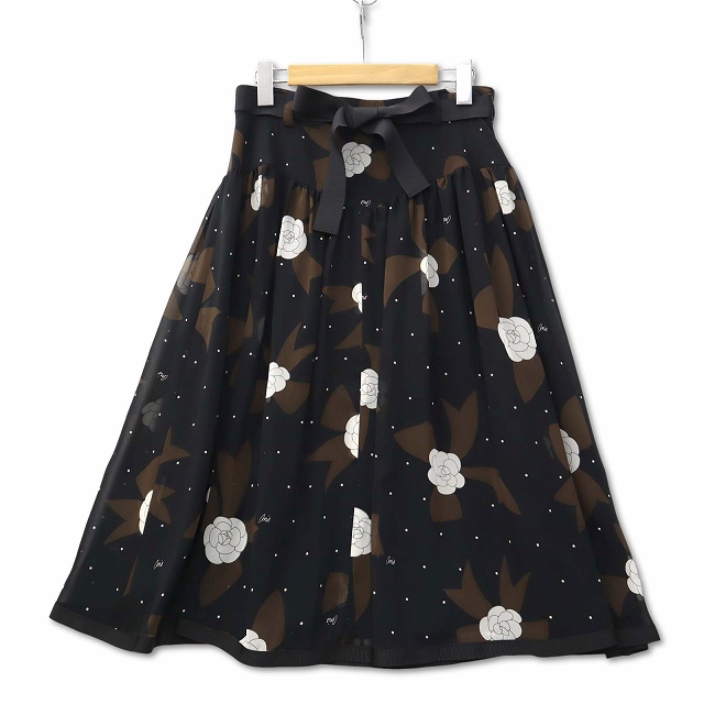 【中古】未使用品 エムズグレイシー M'S GRACY カメリア グログランリボン シフォンプリントスカート 38 レディース