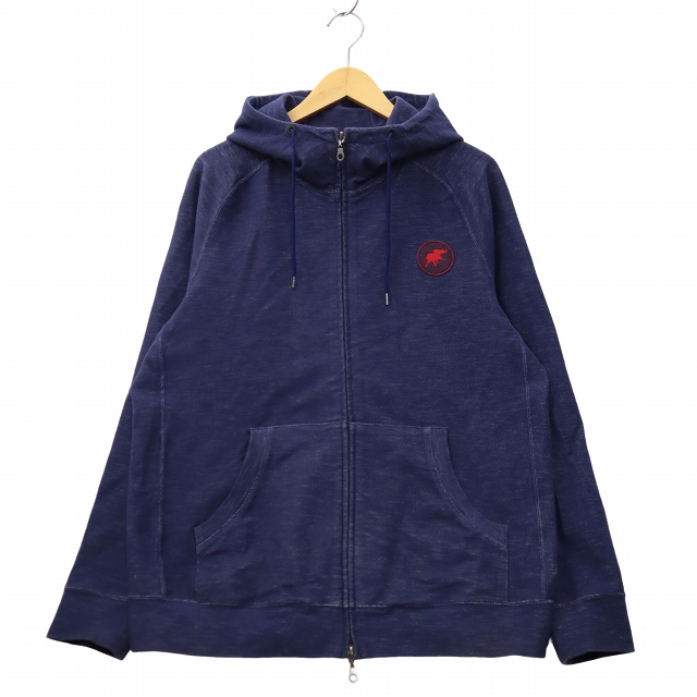 【中古】HUNTING WORLD ダブルジップ ロゴワッペン 裏毛 デニム調 フーディ パーカー L INDIGO インディゴ メンズ