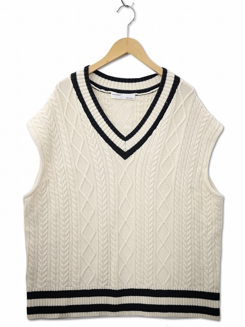 【中古】Hello, Bonjour! ハローボンジュール Vネック アラン チルデンニット ベスト OFF WHITE/BLACK