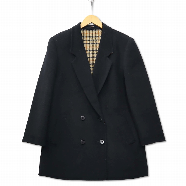 【中古】ダックス DAKS 裏地ハウスチェック メルトン ダブルブレスト テーラードジャケット コート ブラック 9AR レディース