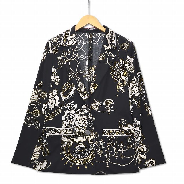 【中古】レオナール LEONARD ラメプリント 総柄 テーラードカラー ジャケット ブラック L レディース